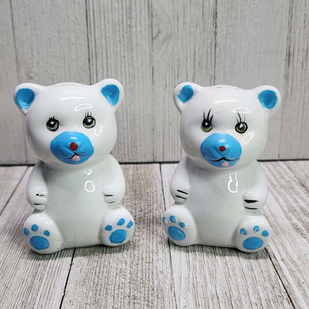 Vintage Loomco Salt and Pepper Shakers Teddy Bears Blue White 1992